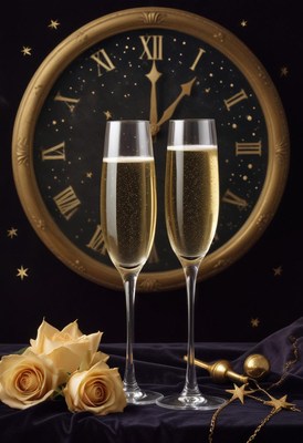 Champagne and a clock for new year's eve