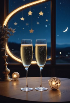 Two champagnes on a table under starry string lights