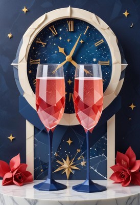 Two pink champagne glasses by a starry clock