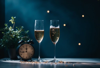 Two champagne glasses await a new year's toast