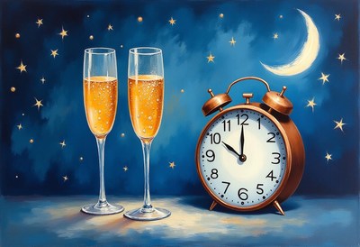 Champagne glasses by an alarm clock under the stars