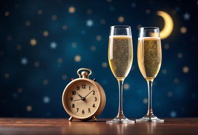 Clock and two champagne glasses await midnight toast