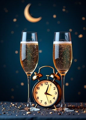 Two glasses of champagne next to an alarm clock