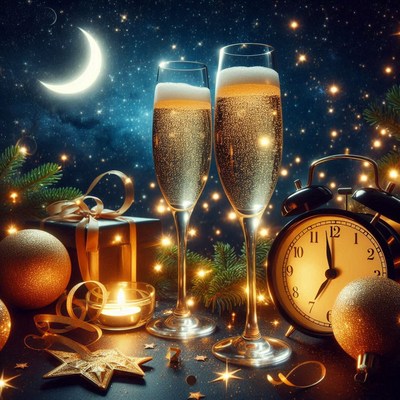 Two glasses of champagne under a starry night sky