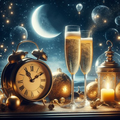 A clock strikes midnight, ringing in the new year
