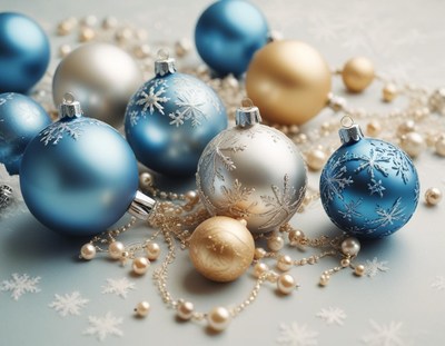 Blue and silver ornaments with snowflake designs