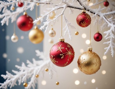 Red and gold ornaments hang from a snowy branch