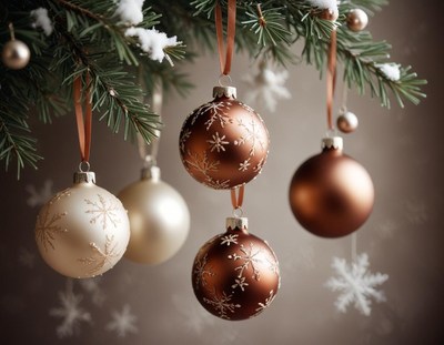Christmas ornaments hang from a tree branch