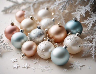Festive christmas ornaments in silver, gold, and blue