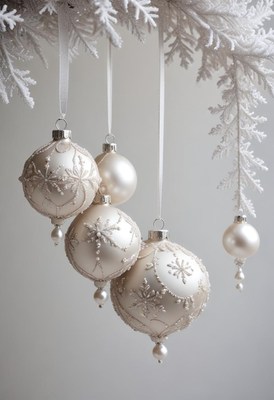 White ornaments hang from a snowy branch