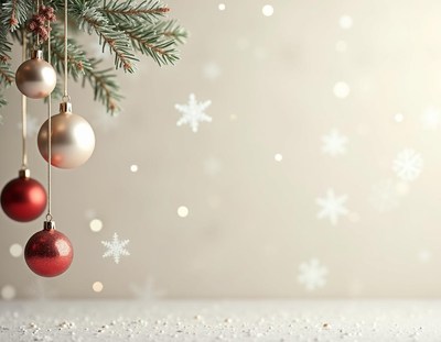Red and silver ornaments hang from a pine branch