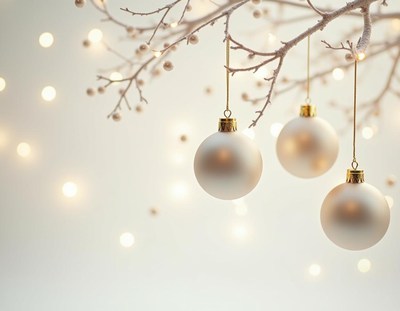 Three gold ornaments dangle from a softly lit branch