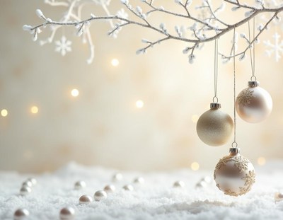Silver ornaments hang from a snow-covered branch