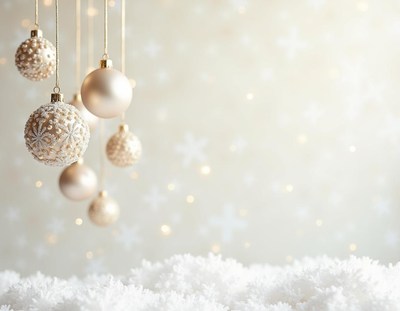 White christmas ornaments hang over snow