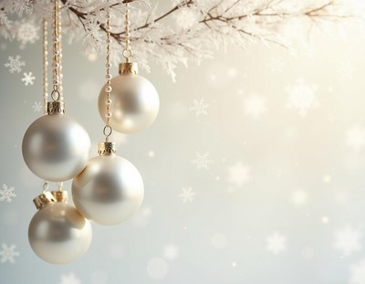 White ornaments hang from a snowy branch