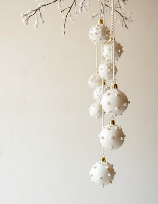 White ornaments hang from a branch