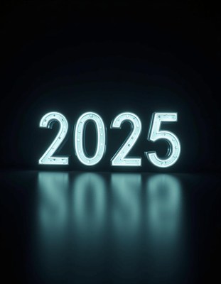 Illuminated 2025 sign on a dark background