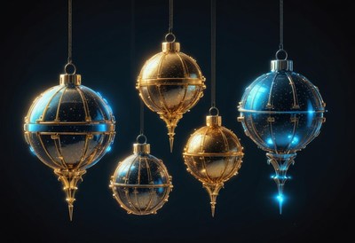 Five ornate ornaments hang against a dark background