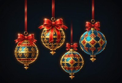 Four decorative christmas ornaments on dark backdrop