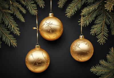 Three gold ornaments hang from a pine branch