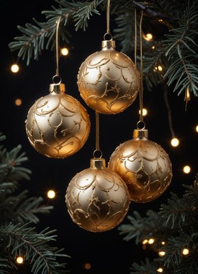 Golden ornaments hang on a fir tree branch