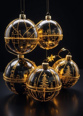 Black and gold christmas ornaments with lights