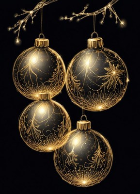 Four gold ornaments hang from a branch