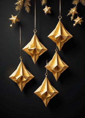 Golden star ornaments hang against a black background