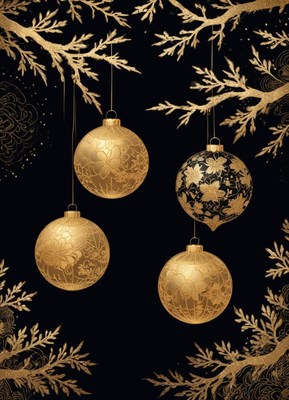 Gold ornaments dangle from branches on black