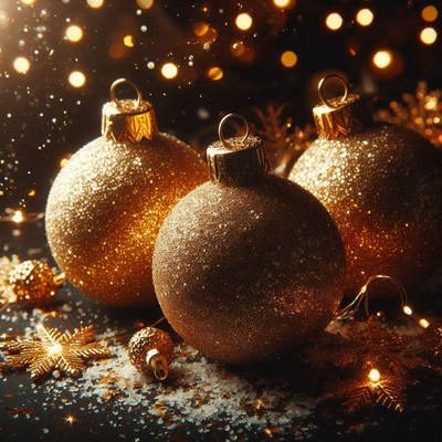 Golden christmas ornaments sparkle against a dark background