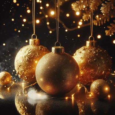 Golden christmas ornaments hang against a dark background