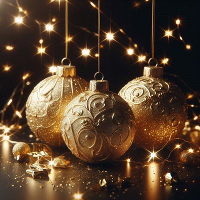 Three golden ornaments hang from a string of lights