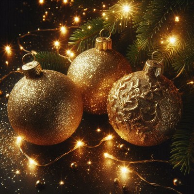 Gold christmas ornaments with lights