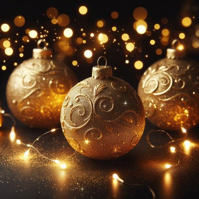 Golden christmas ornaments with lights