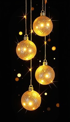 Four gold ornaments shine on black strings