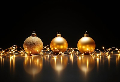Three golden ornaments on a black surface with lights