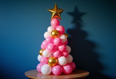 A pink and gold balloon christmas tree sits on a table