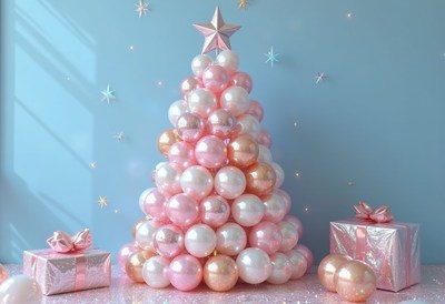 A pink balloon christmas tree with a star on top