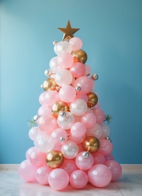 Pink and gold balloon tree against a blue wall