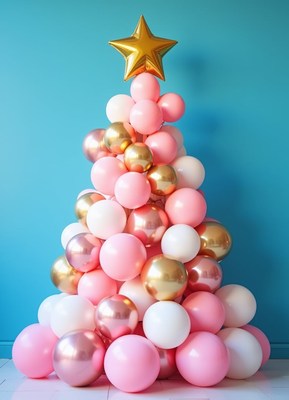 A balloon christmas tree with pink, white, and gold balloons
