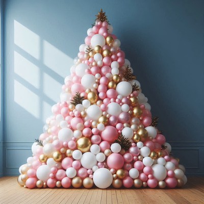 Pink and gold balloon tree in a blue room