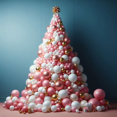 Pink and white balloon tree by a blue wall