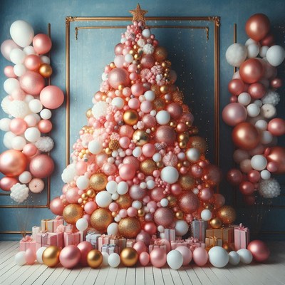 Pink and gold balloon tree with gifts below