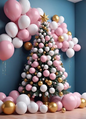 A pink and white christmas tree decorated with balloons