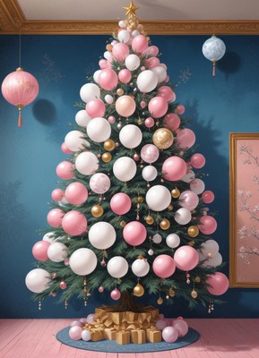 Pink and white balloon tree in a blue-walled room