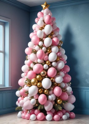 Balloon christmas tree in pink, white, and gold