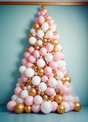 A balloon christmas tree with pink, white, and gold balloons