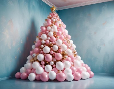 A pink and white balloon christmas tree stands in a corner