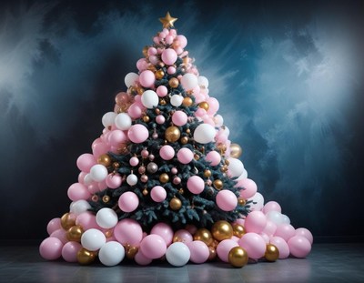 Pink and gold tree against a blue backdrop