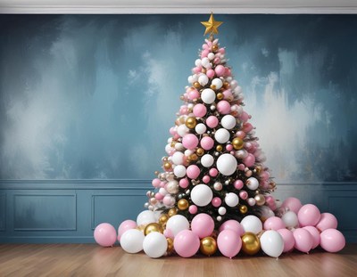 A christmas tree decorated with pink and white balloons